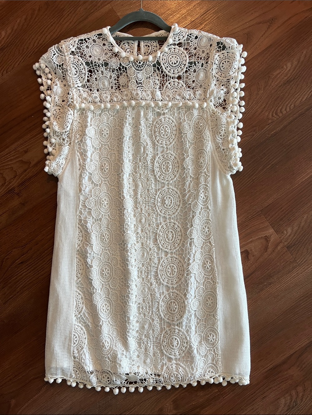 Tularosa White Crochet Lace Mini Dress with Pom-Pom Trim